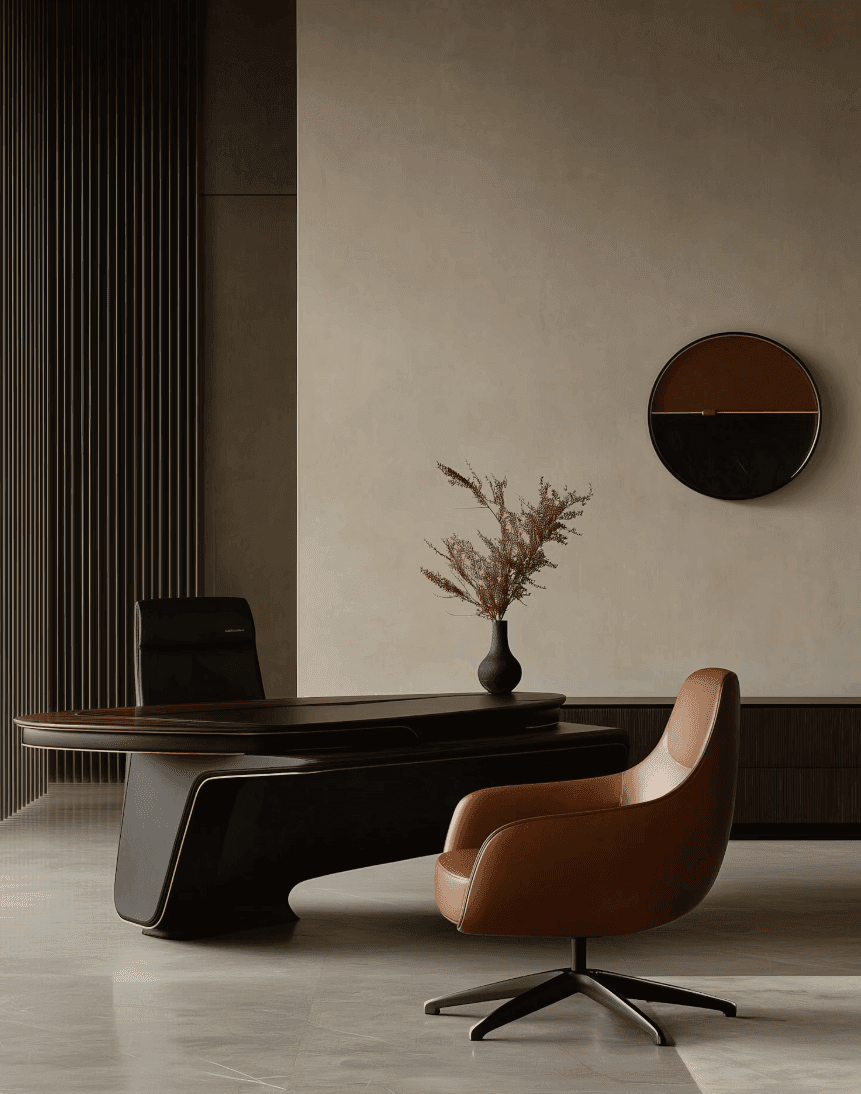 Bright open office space with pink walls, abstract wall art, and rows of workstations with monitors