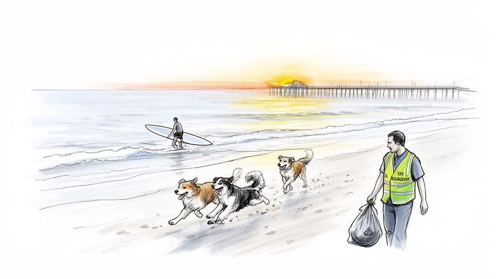 A vibrant illustration of a beach at sunset with running dogs, a surfer, and a man cleaning trash.