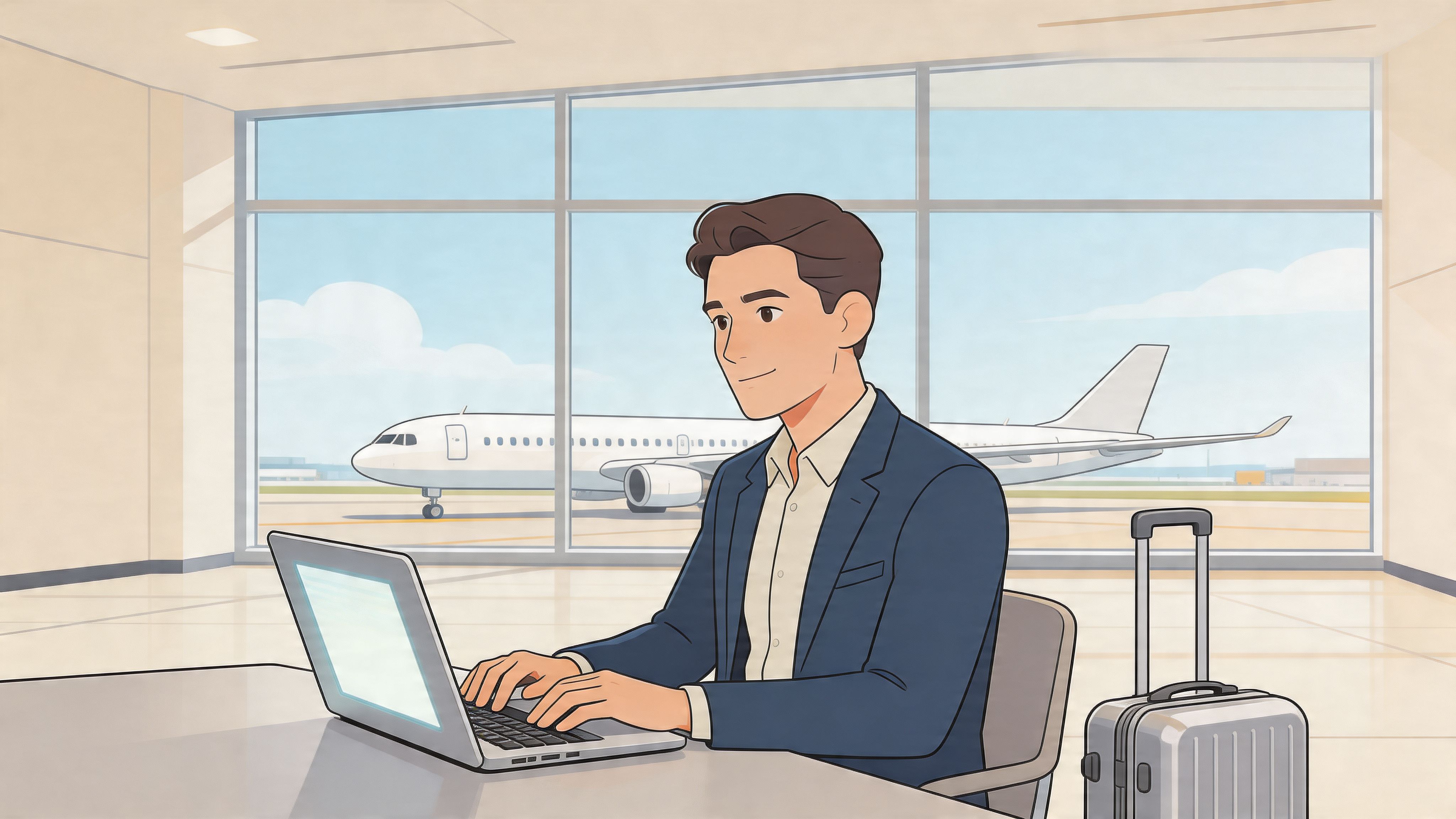A professional man in a business suit working on his laptop while waiting at the airport.