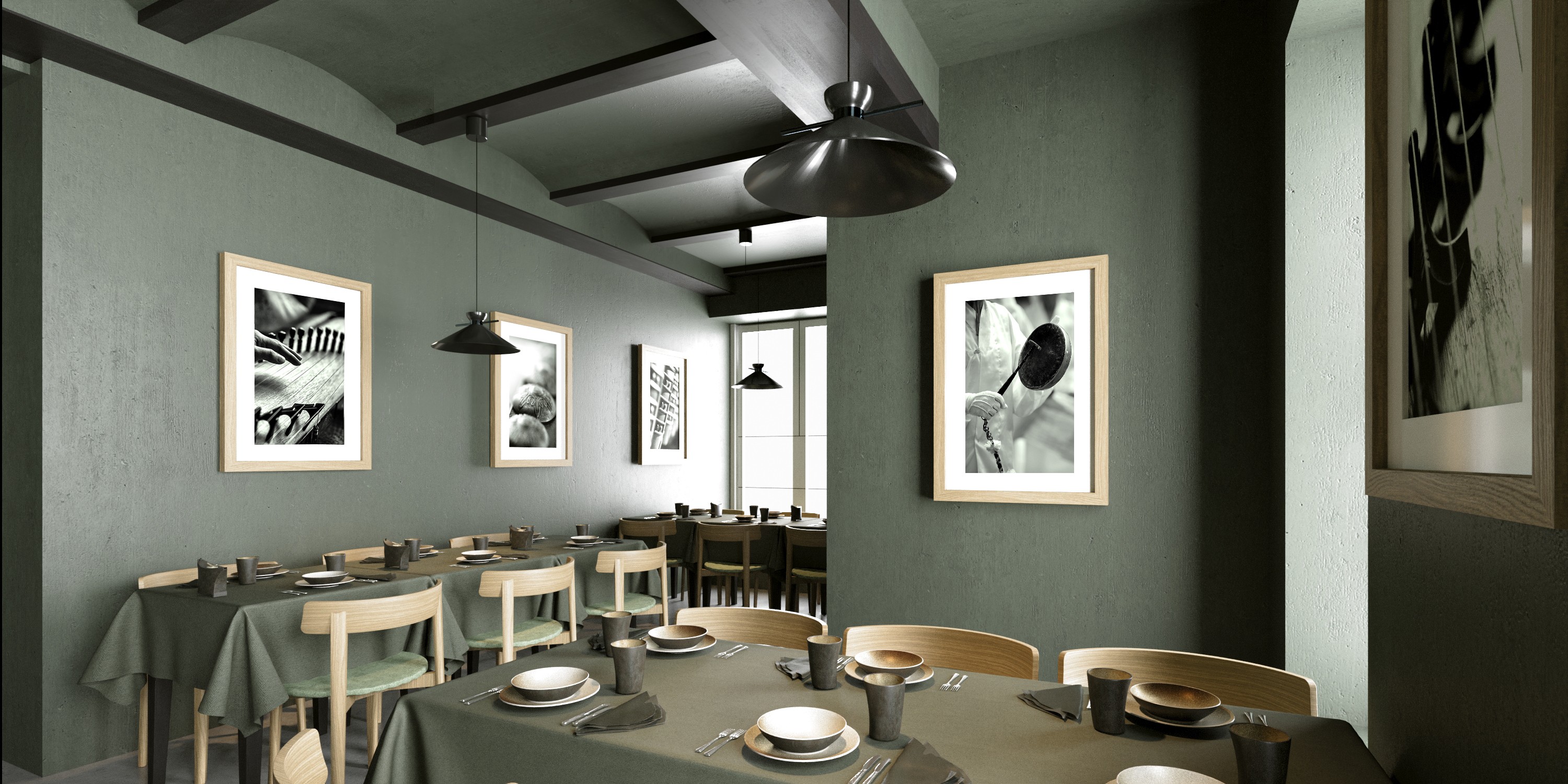 Korean Arakara design concept restuarant in Zurich Switzelrand with dark green and light wood MIDJ chairs
