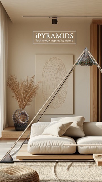 Modern living room with iPyramids technology structure, minimalist design, cozy sofa, and artistic decor.