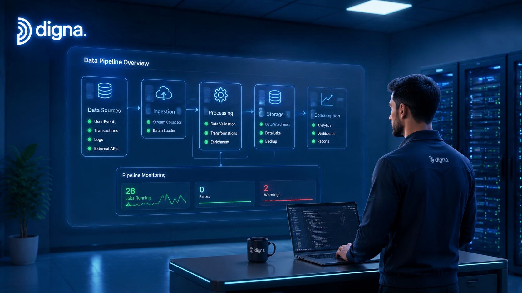 A data engineer monitors real-time data pipelines on a large holographic display in a modern server room.