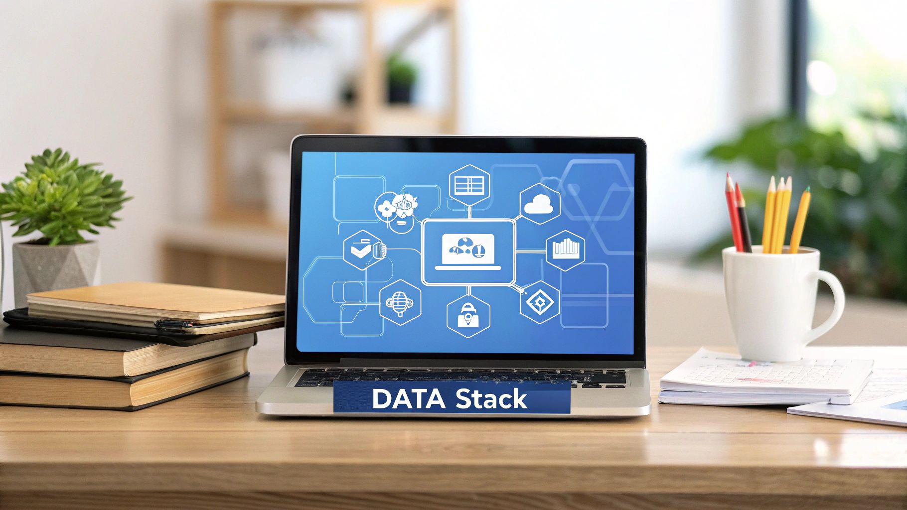 A person working on a laptop with data visualizations on the screen, representing a startup data stack