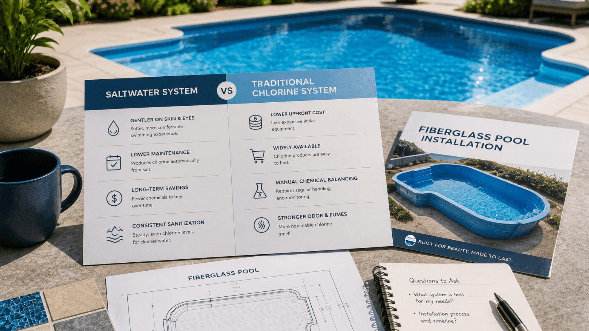 Homeowner comparing saltwater and chlorine systems for fiberglass pool installation