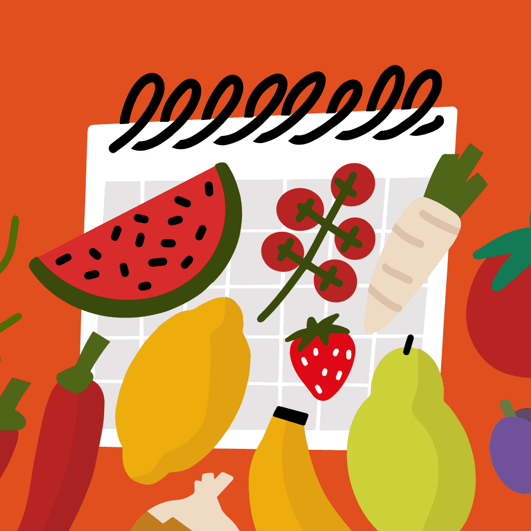 Bold illustration of fruits and vegetables around a calendar grid on an orange background.