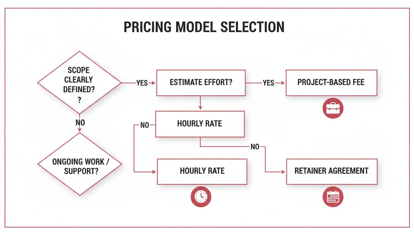 Flowchart guiding the selection of pricing models based on project scope and ongoing work.