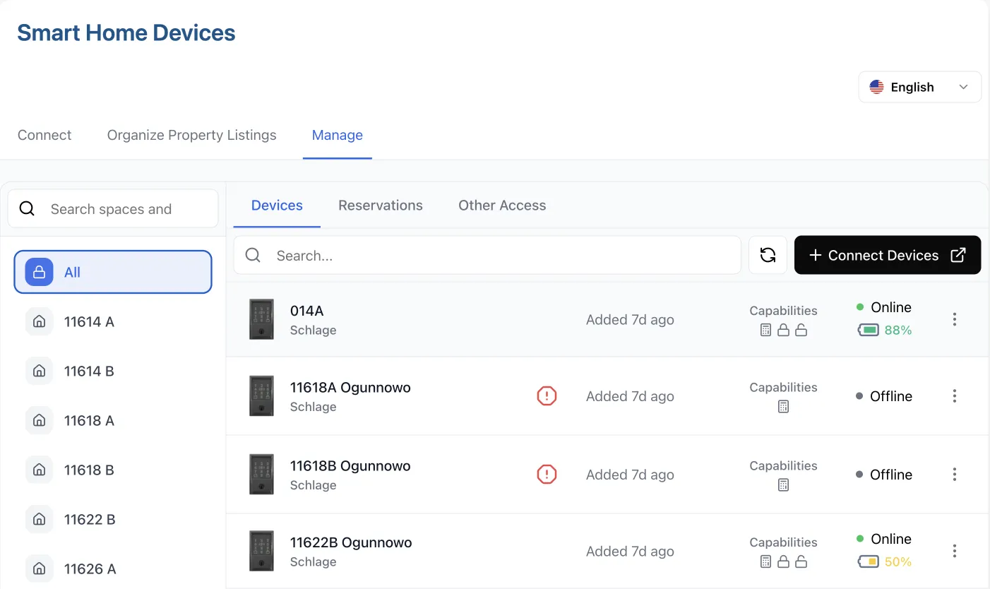 Enso Connect Dashboard showing connected thermostats and smart locks in one place