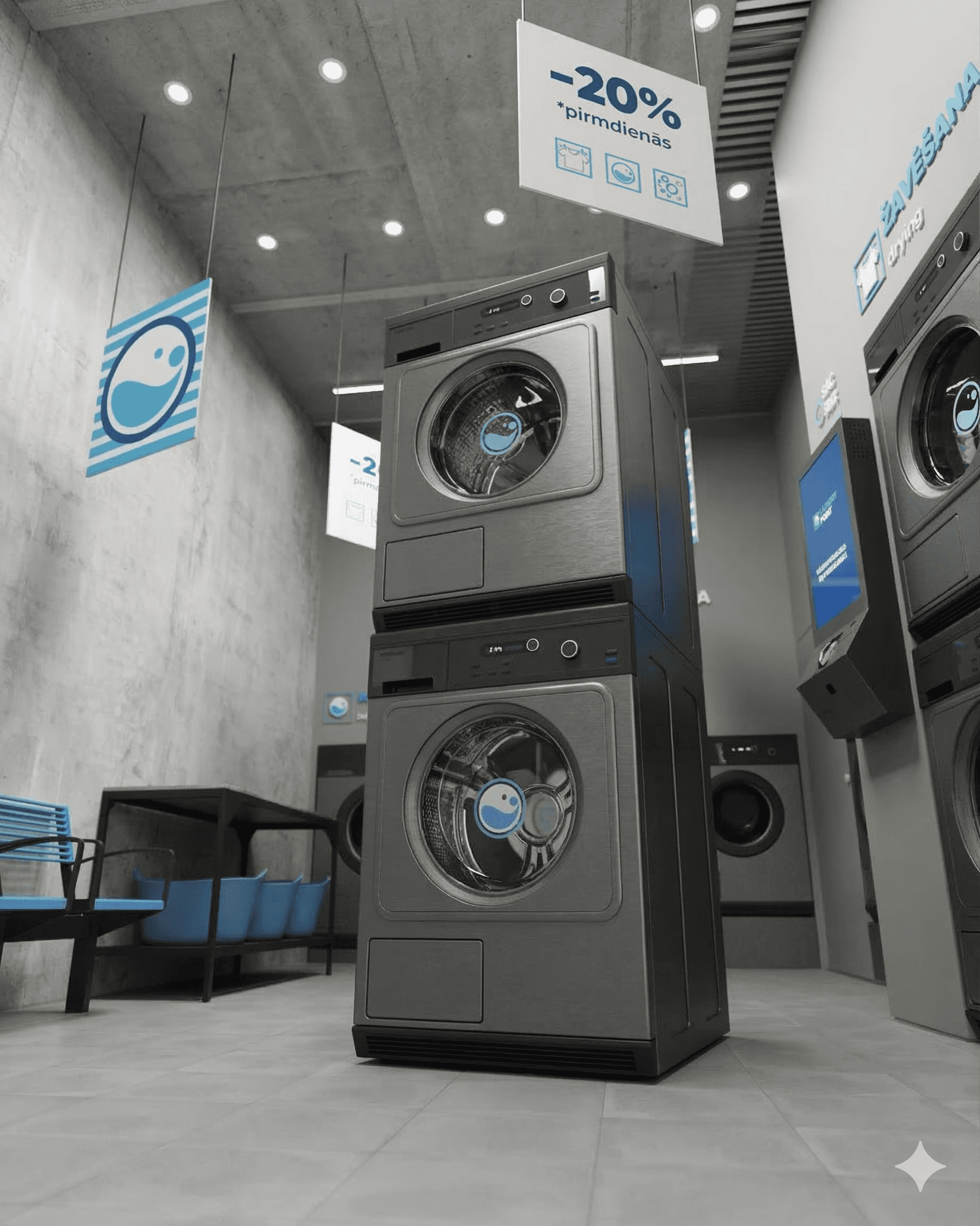 Pašapkalpošanās veļas mazgātava Rīgā ar modernām veļas mašīnām un žāvētājiem Laundry Point interjerā