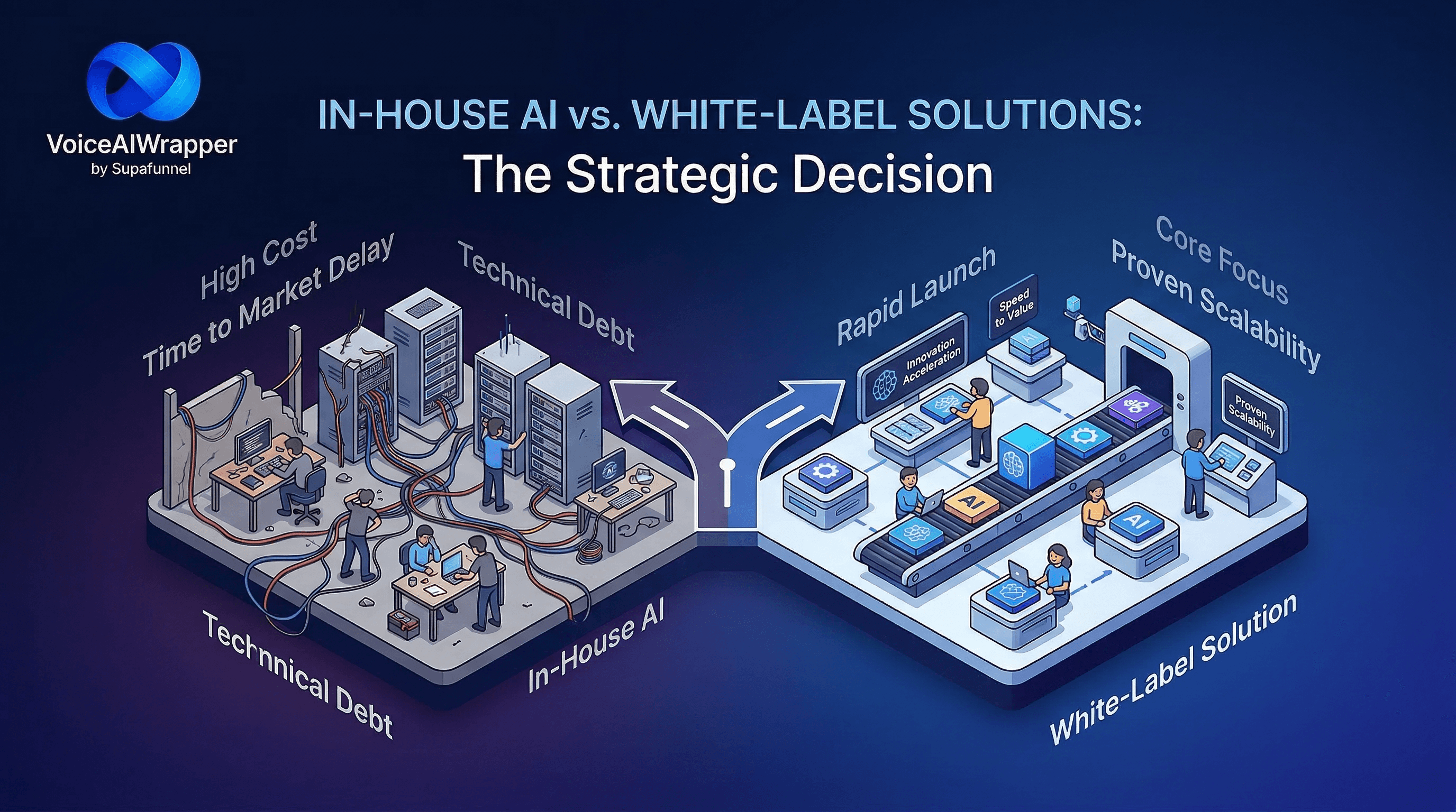 In-house AI vs white-label solutions comparison showing build vs buy AI decision for businesses using VoiceAIWrapper