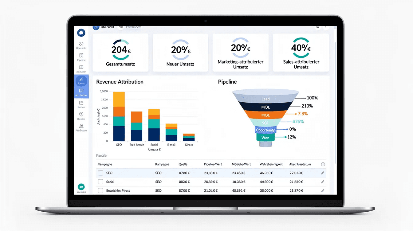 Das Bild zeigt ein Dashboard mit Metriken zur Umsatzattribution und Pipeline-Analysen, das wichtige Kennzahlen wie die Kundenakquisekosten (CAC) und den Customer Lifetime Value (CLV) visuell darstellt. Diese Informationen sind entscheidend für B2B SaaS Unternehmen, um ihre Marketingstrategien und Vertriebsprozesse zu optimieren.