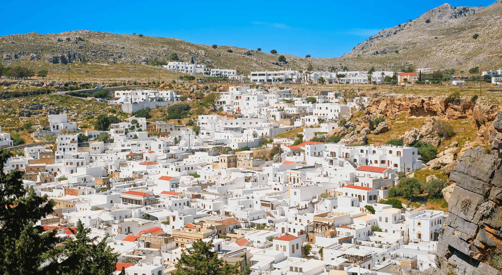 View of the city of Lindos from the Acropolis, Rhodes island,