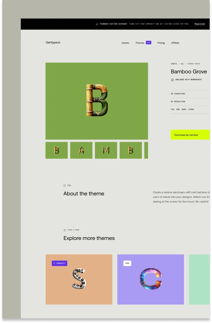 Gentype.io product page showcasing the ‘Bamboo Grove’ letter set with a bamboo-inspired 3D letter ‘B’ on a green background and neon download button.