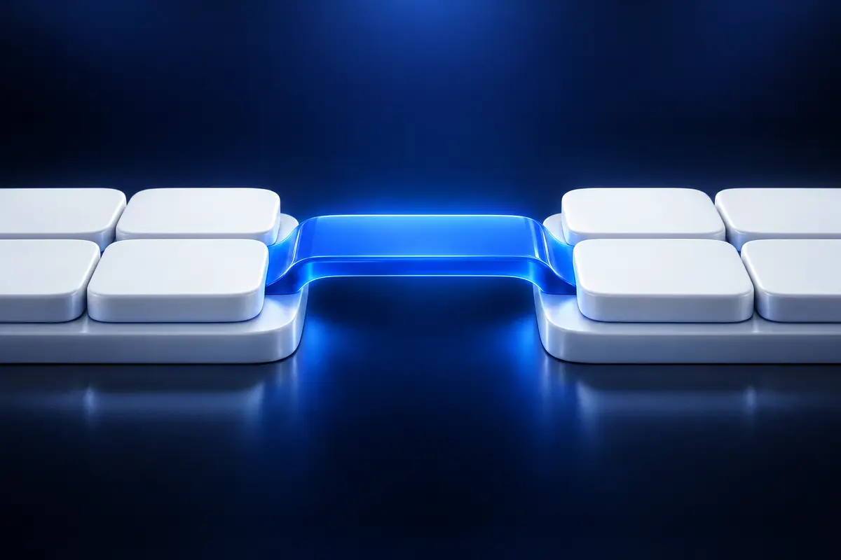 Glowing blue bridge joining two sets of white tiles