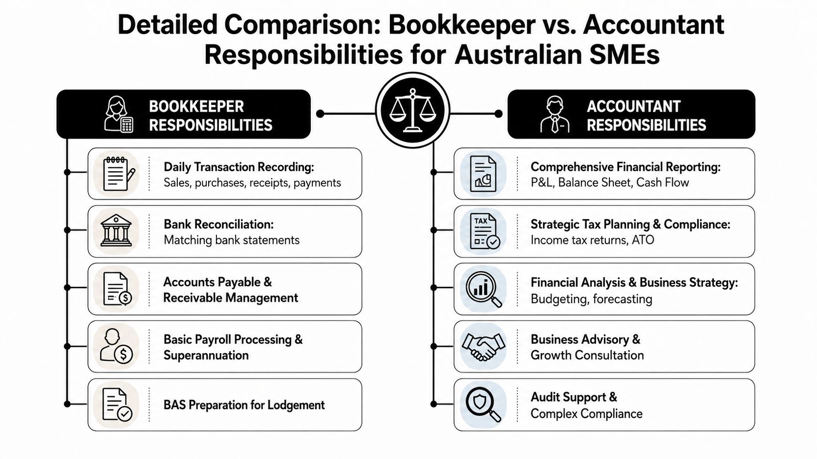 A comparison chart outlining the different responsibilities of bookkeepers and accountants for Australian small businesses.
