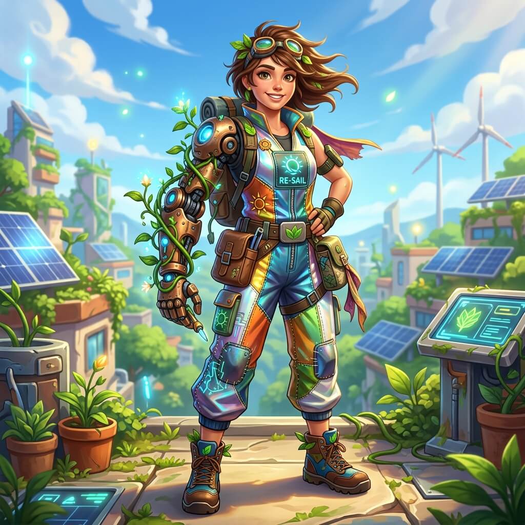 A female character wearing a jumpsuit made of recycled solar sails, mechanical prosthetic arm with plant vines growing through it, optimistic aesthetic.