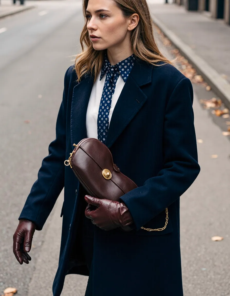 Woman in navy coat with burgundy accessories walking on city street, AI-generated fashion photography