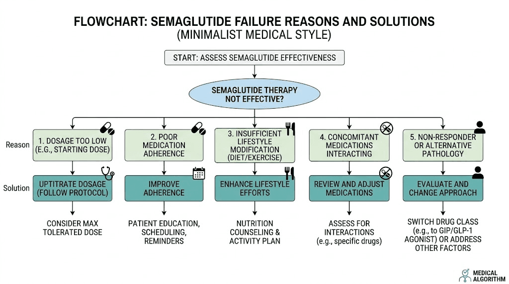 Diagnostic flowchart for why semaglutide is not working and next steps