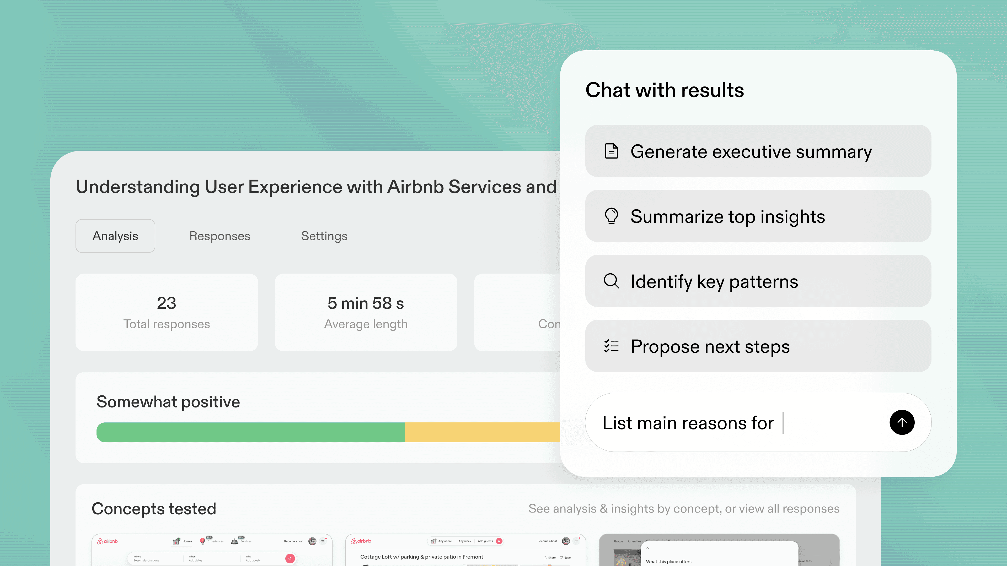 Reforge research concept testing, chat with your results. 