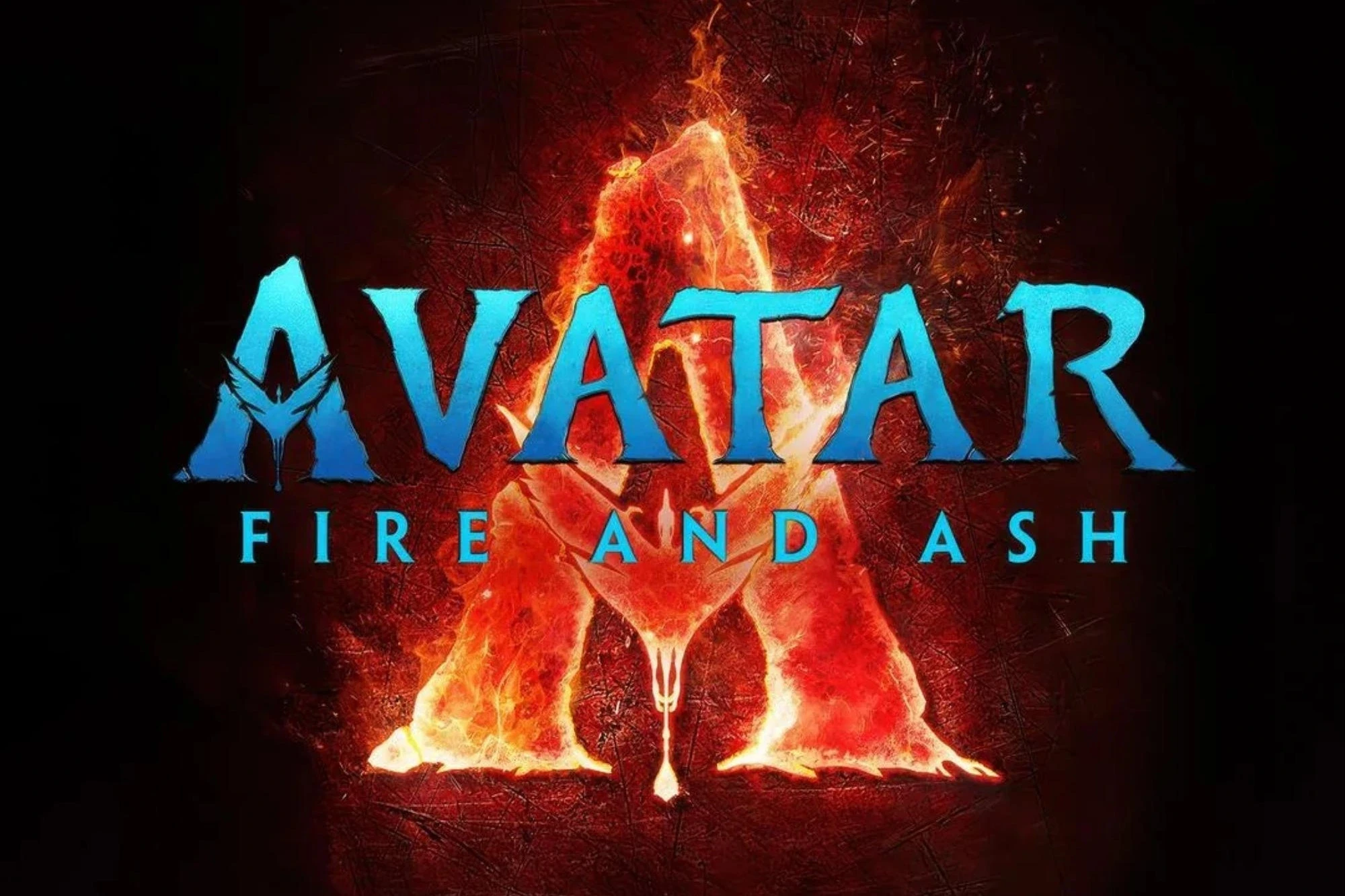 The image features the text "Avatar: Fire and Ash" in blue against a dark background. Behind the text, there is a stylized letter "A" made of flames, surrounded by red and orange light effects.