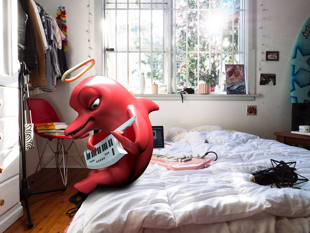 A playful and surreal scene featuring Beefynn McDoll, a red cartoon dolphin with a halo, sitting on an unmade bed in a bright, sunlit bedroom. Beefynn is holding a small keyboard synthesizer, surrounded by musical gear, including a pink electric guitar and a microphone. The room is filled with natural light streaming through the window, with clothes on a chair, colorful decor, and a surfboard leaning against the wall, adding to the room's laid-back, creative atmosphere.