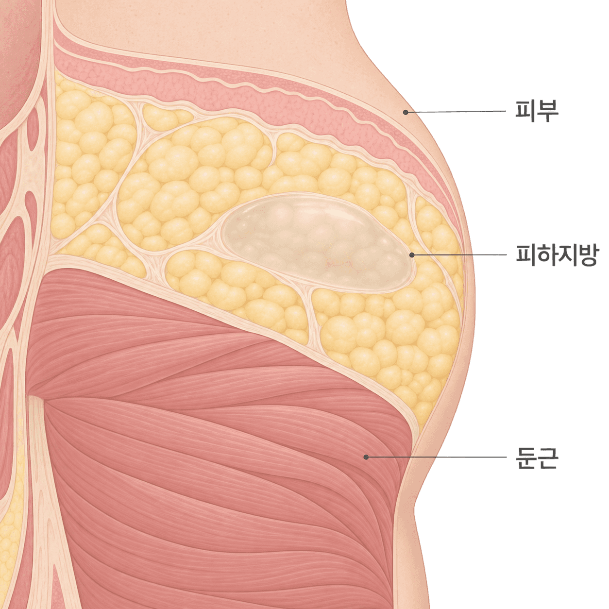 피부 아래 피하지방층과 그 밑의 둔근, 볼륨이 자리하는 층이에요