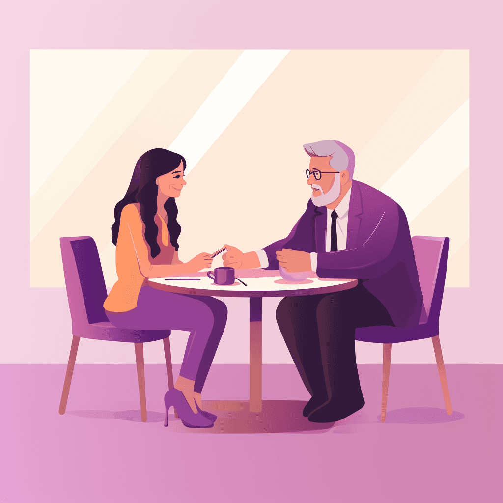 A young woman and an older man sitting opposite each other at a table, engaged in a conversation.