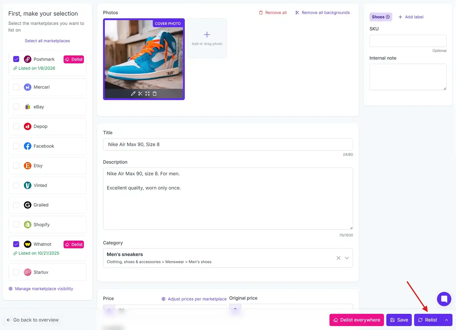 Listing Detail Page Relist Action