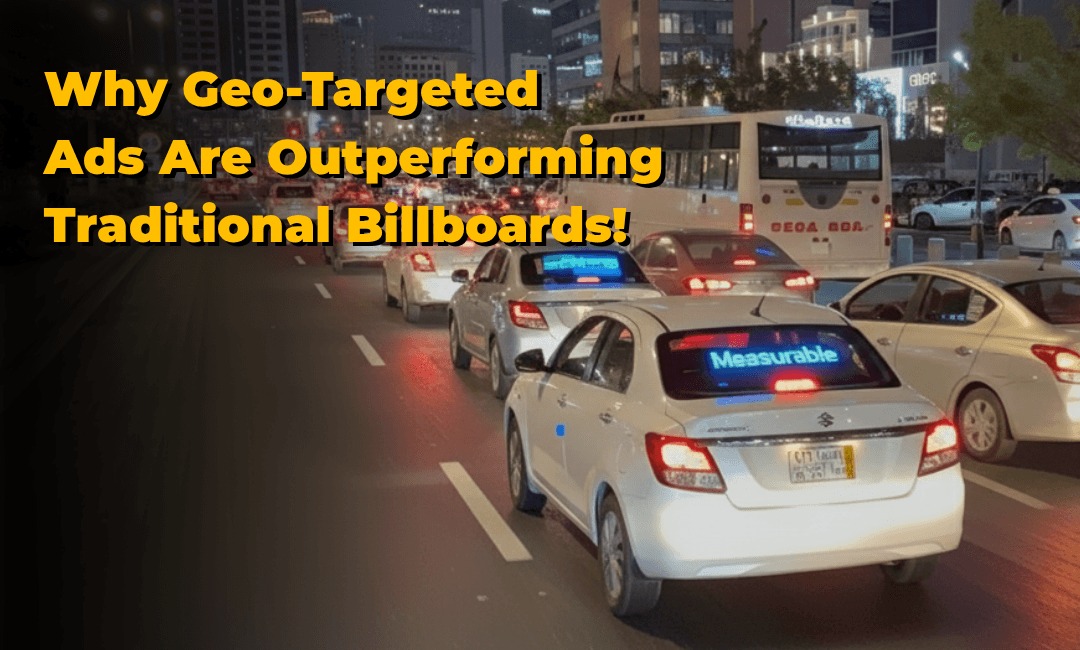 Geo-targeted digital out-of-home ads displayed on cars in heavy city traffic, highlighting measurable advertising performance.