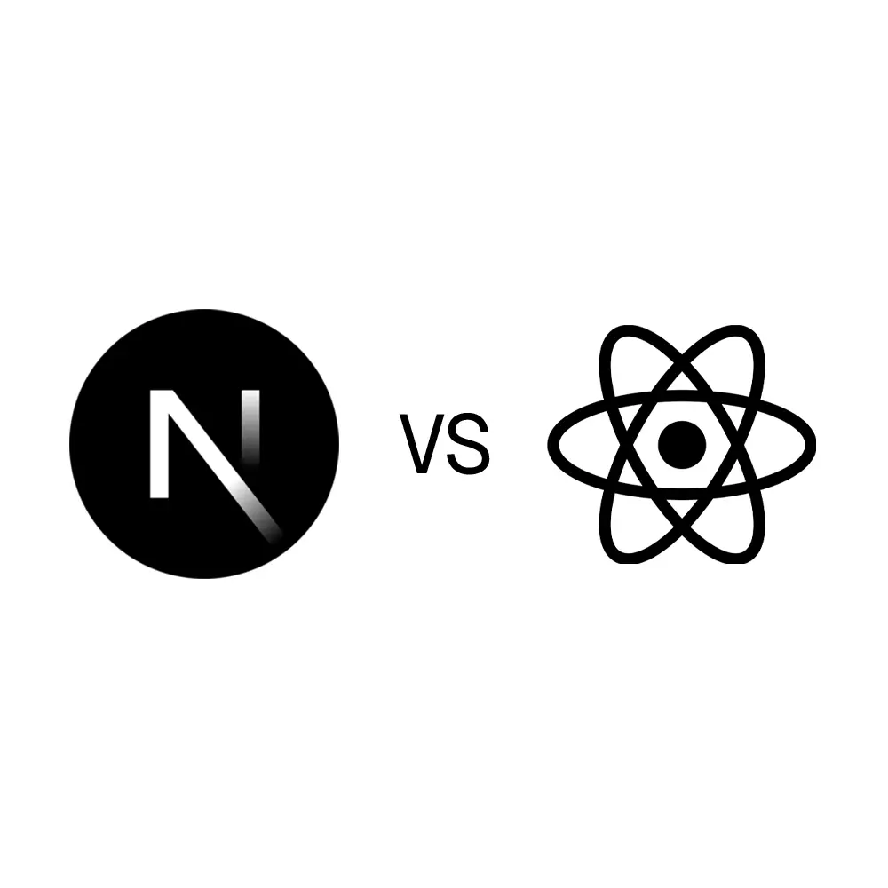 Next.js logo versus React logo, representing a comparison between the two web development frameworks.