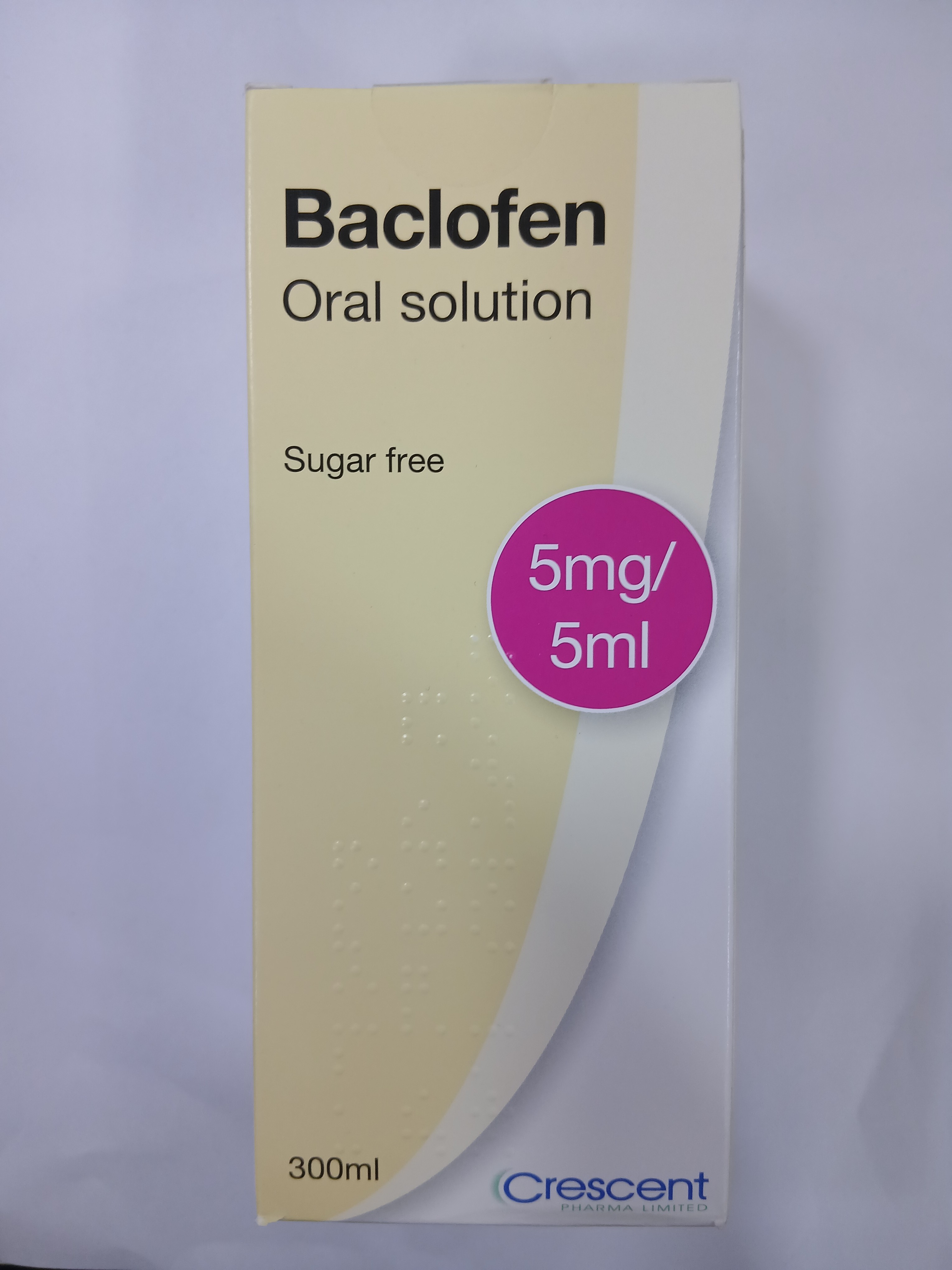 Baclofen Oral Solution, 5mg/5ml, sugar-free, 300ml by Crescent, in a white and beige cardboard box.