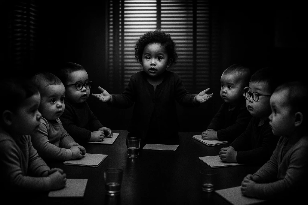 babies in a board room where the senior leader baby is wondering what happened