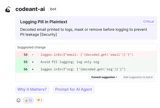 AI Code Review dashboard of a defensive and offensive security platform of CodeAnt. showing a codeant AI bot flagging a critical PII vulnerability, a decoded email being logged in plaintext, with an automated code suggestion to mask sensitive data, reducing review time by 80% through AI code review and pentesting capabilities, featuring inline reviews, sequence diagrams, and AI learnings across full codebase pull request context.