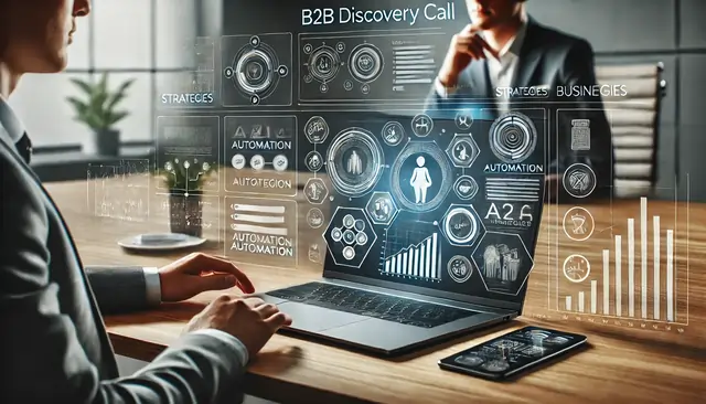 man at laptop with video wall showing "AI B2B Discovery Call"