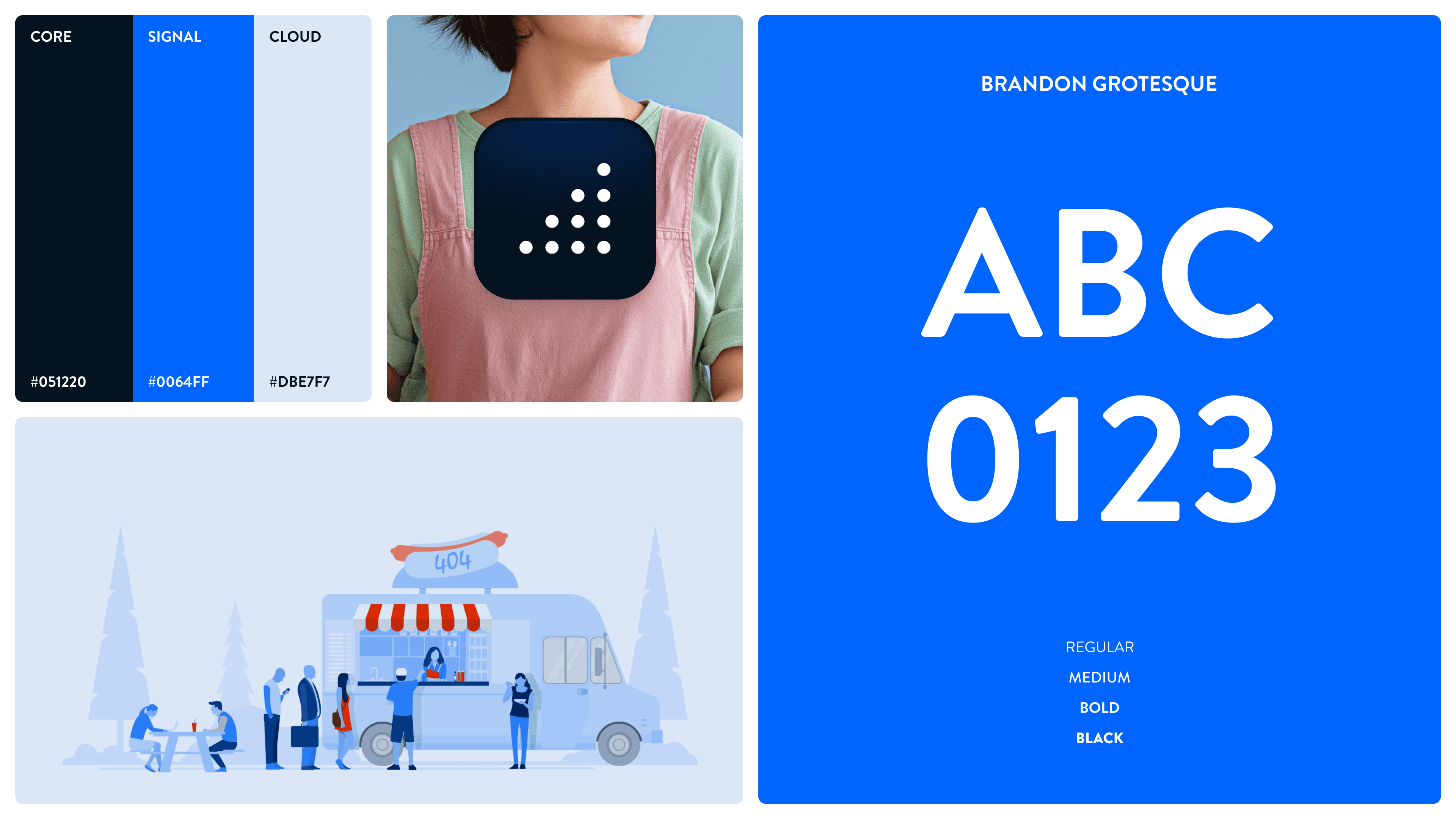 Visual identity board for Akru POS system, featuring typography, icon, brand palette and mascot illustration