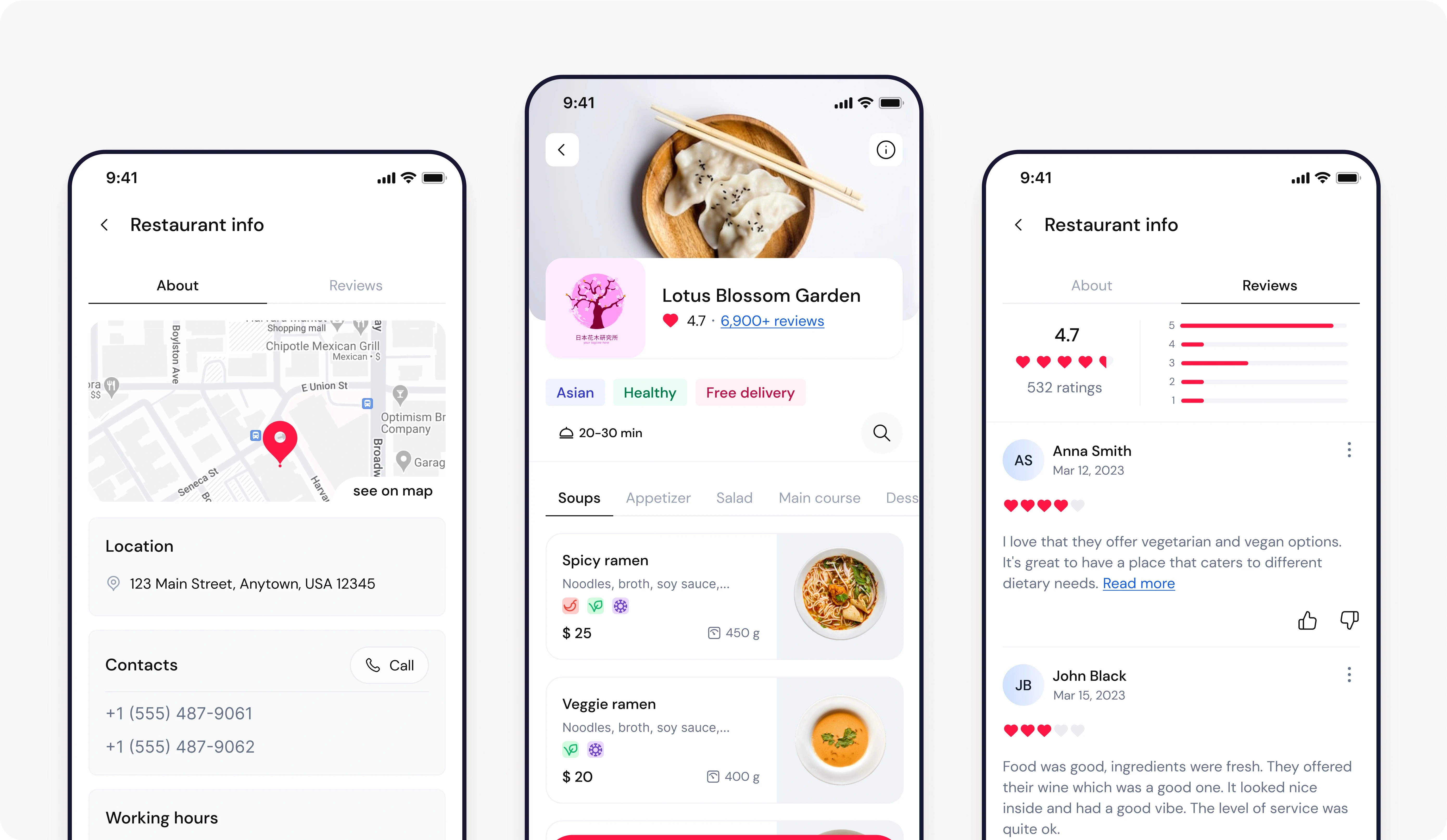Three smartphone screens displaying an app interface for restaurant information and ordering food.  The left screen shows a "Restaurant info" page with a map and a location pin at 123 Main Street, Anytown, USA 12345. It includes contact information with phone numbers and working hours, and an option to see the location on a map. The middle screen features a detailed view of a restaurant named "Lotus Blossom Garden" with a picture of dumplings at the top. The restaurant has a 4.7 rating based on 6,900+ reviews and offers Asian, Healthy, and Free delivery options. Menu items like Spicy ramen and Veggie ramen are listed with prices, descriptions, and icons indicating features such as vegetarian options. The right screen shows the "Reviews" section for the same restaurant, displaying a 4.7 rating from 532 ratings. Reviews from customers, such as Anna Smith and John Black, include their comments and ratings in heart icons.