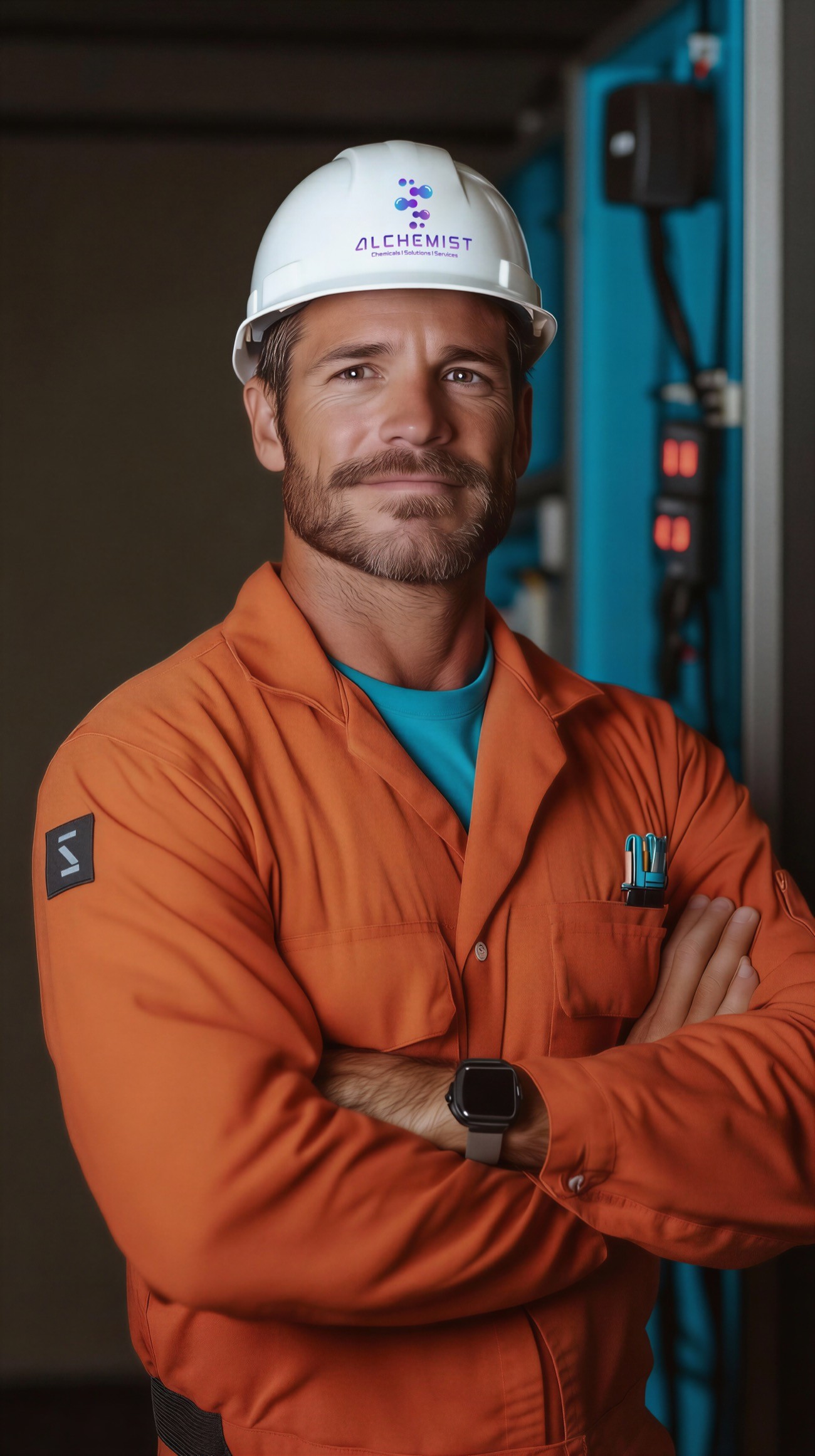 A worker in a blue uniform and helmet stands in front of large orange industrial equipment against a blue sky.