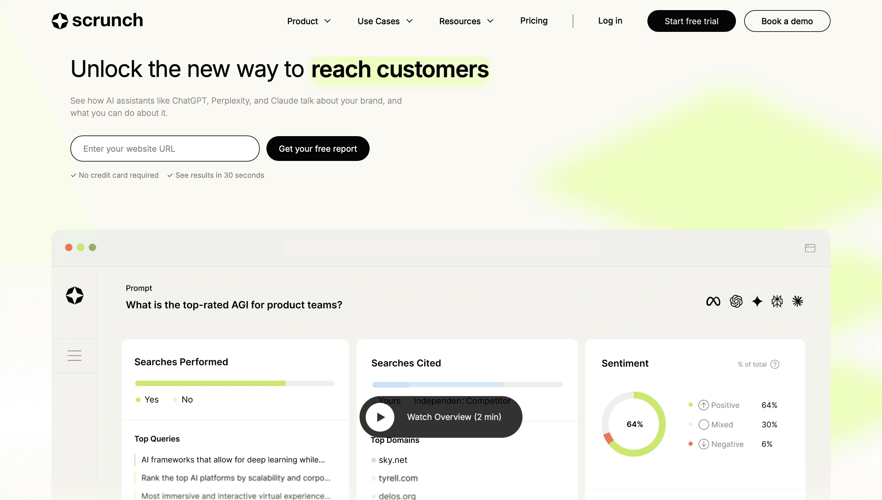 Screenshot of the Scrunch homepage highlighting AI brand monitoring, customer reach insights, and analytics for AI assistants like ChatGPT and Claude