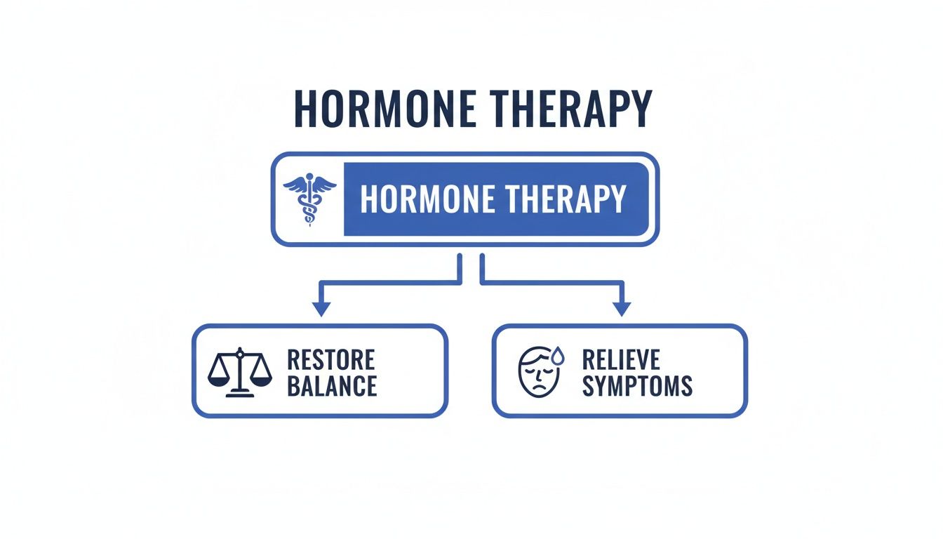 A diagram illustrating hormone therapy, its purpose to restore balance and relieve symptoms.