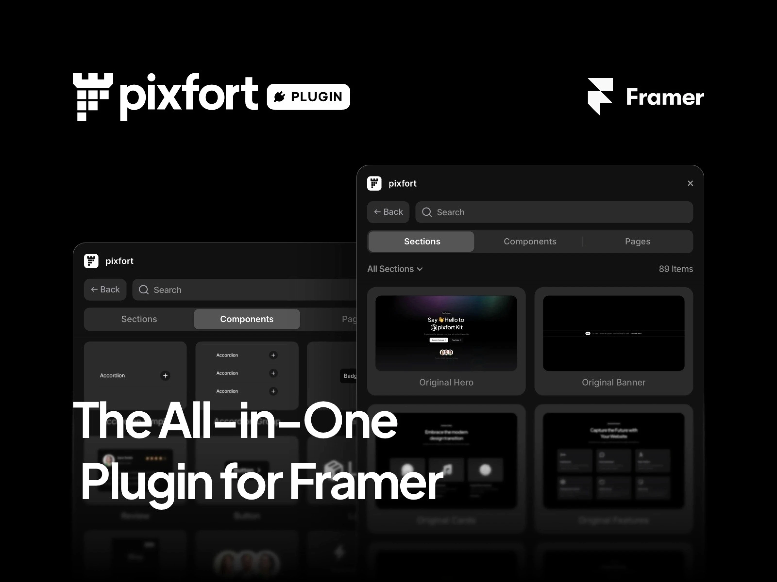 Promote Pixfort on a dark screen with various frame components and the phrase "The All-in-One Plugin for Framer."