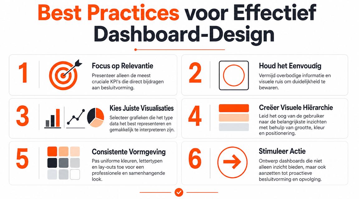 Een infographic met zes best practices voor het ontwerpen van effectieve en overzichtelijke dashboards voor bedrijfsrapportages.