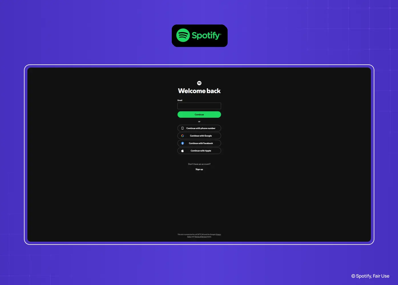 Spotify login screen featuring email entry, social authentication options, and a dark-themed interface centered on quick access.