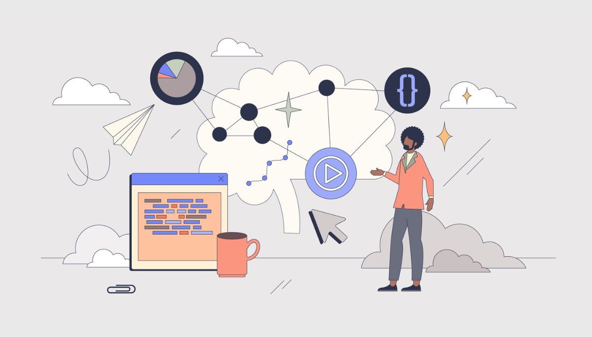 Illustration of a stylized brain connected to charts, code windows, and neural‑network icons, with a person presenting data, representing how developers use the Claude API for AI models, pricing decisions, and technical integration in 2026.
