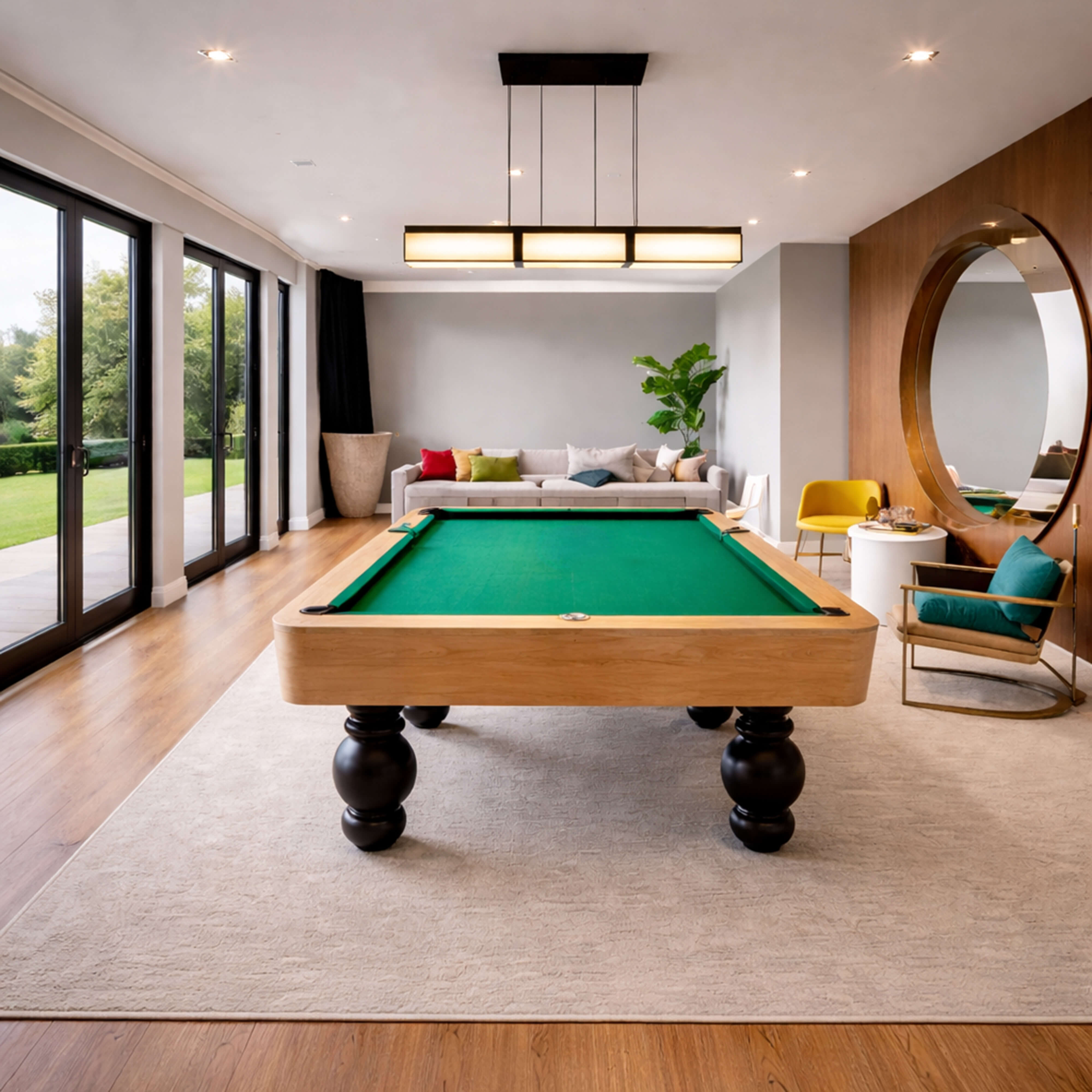 Sophisticated home game room with a statement pool table, layered lighting, and elegant lounge seating.