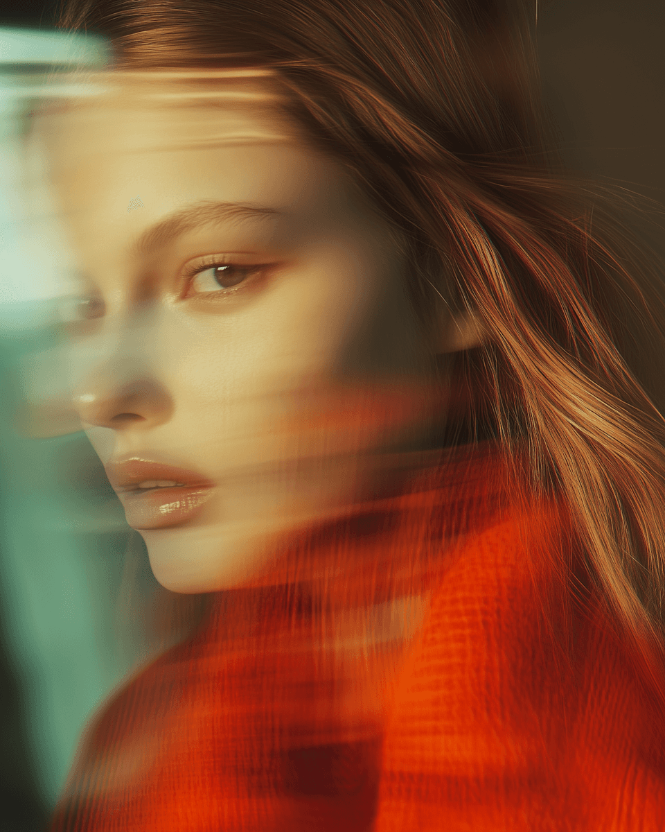 A woman with flowing hair looks over her shoulder, wearing a red garment, captured with a soft, blurred effect.