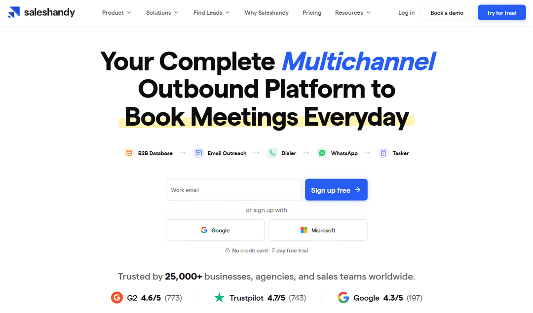 Saleshandy homepage combining cold outreach and its B2B lead database