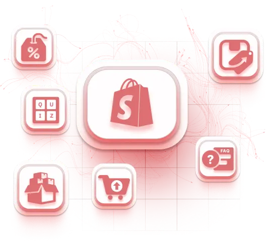 Shopify surrounded by icons representing the Essenify app suite.