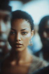 A close-up of a woman with a serious expression, set against a blurred background of other faces.