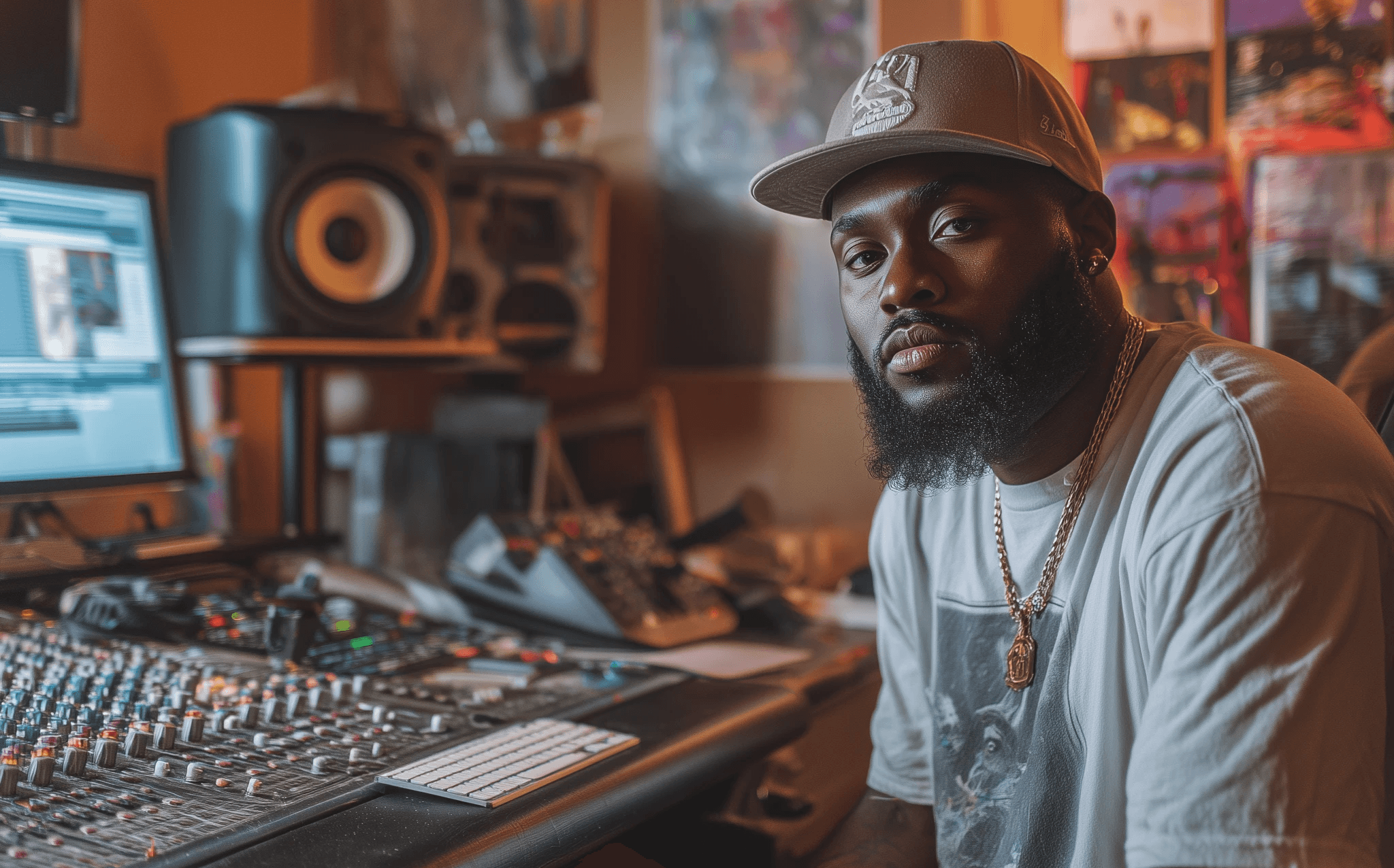 A man sitting in front of his music studio setup 