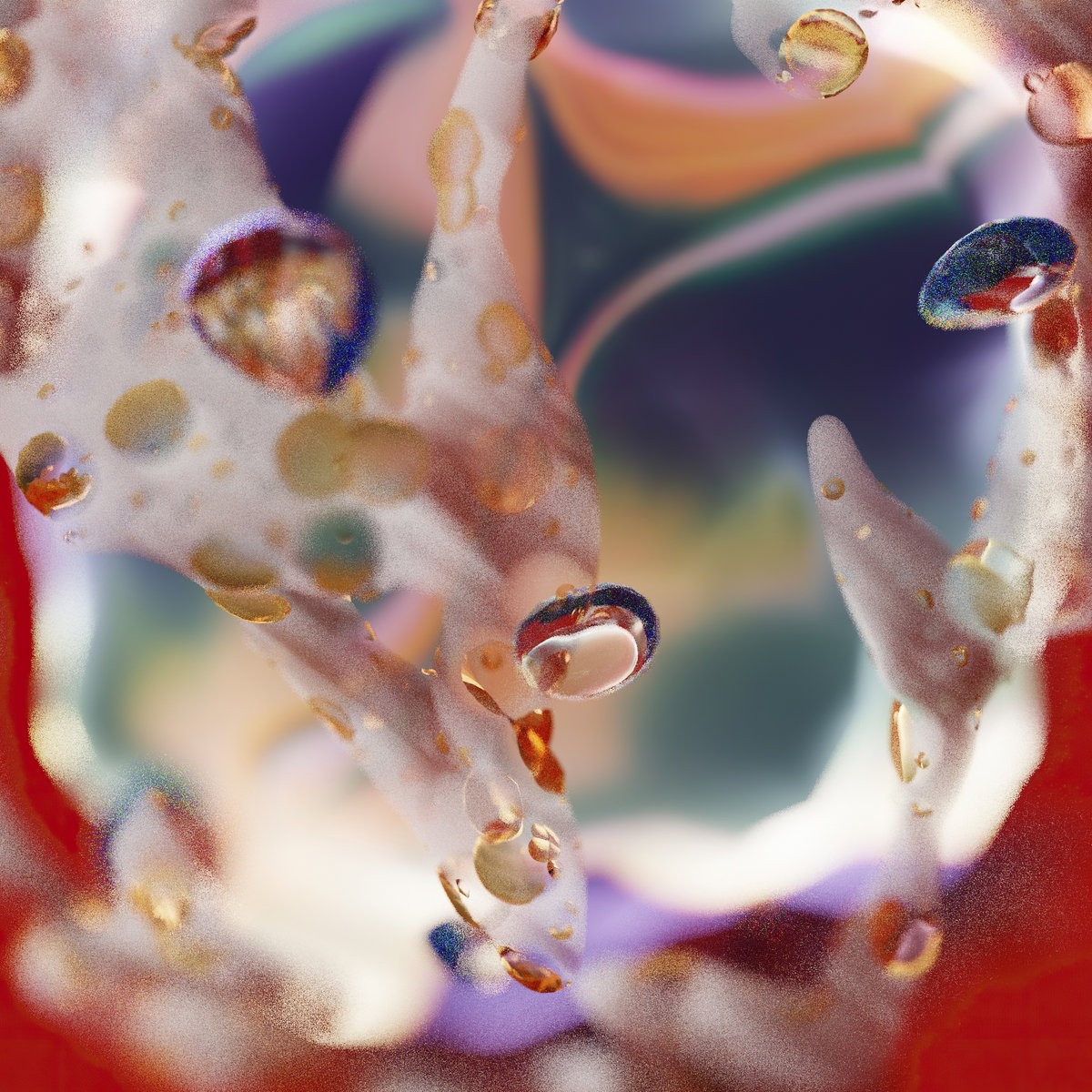 Abstract image of translucent, fluid shapes with droplets, set against a colorful blurred background with shades of red, orange, and purple.