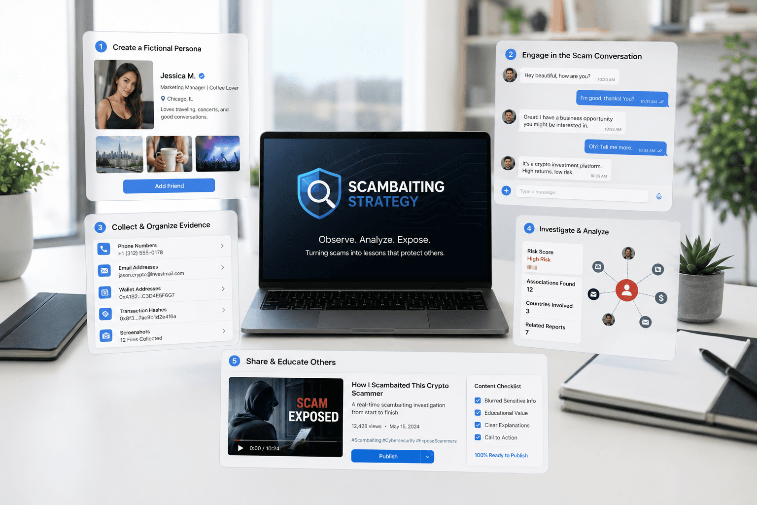 Visual guide to scambaiting, demonstrating how cybersecurity researchers interact with scammers, gather evidence, investigate fraud networks, and raise public awareness about online scams